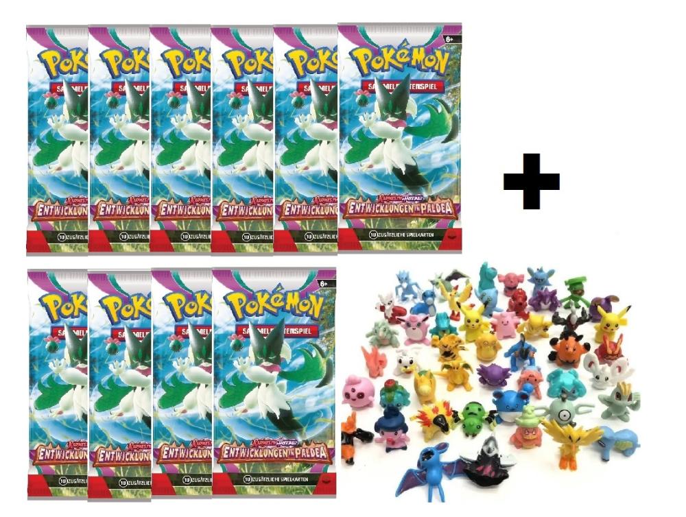 10 Pokemon Booster Packs "Entwicklungen in Paldea" + 3 Sammelfiguren
